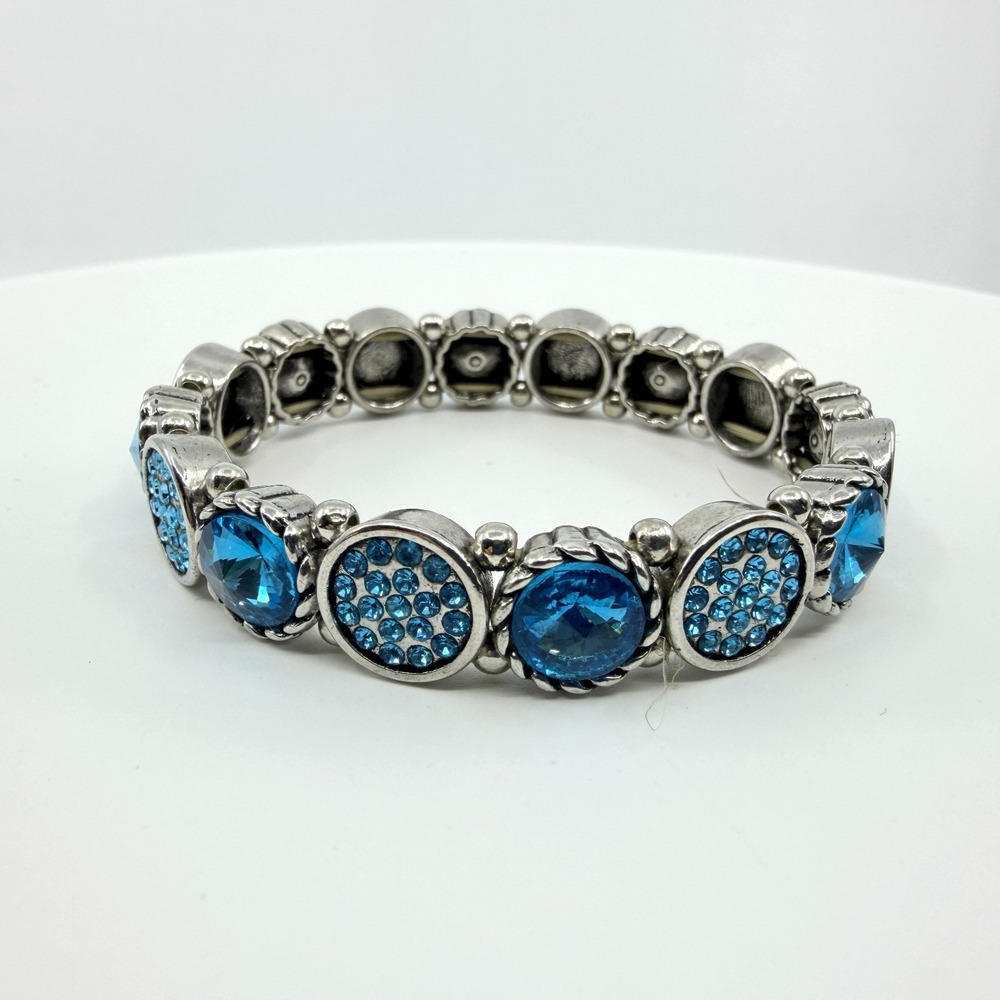Vintage Silver Tone Light Blue Rhinestone Oval Link Stretch Bracelet Retro Y2K